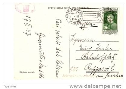VAT054 / - VATIKAN -  Presse Ausstellung 1936 Hl. Johann Bosco(Salesianer) Nach Rapperswl - Cartas & Documentos