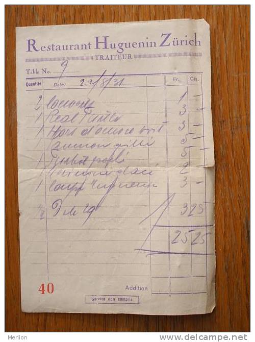 Restaurant Huguenin Zürich Switzerland   1920-30's  D15315 - Switzerland