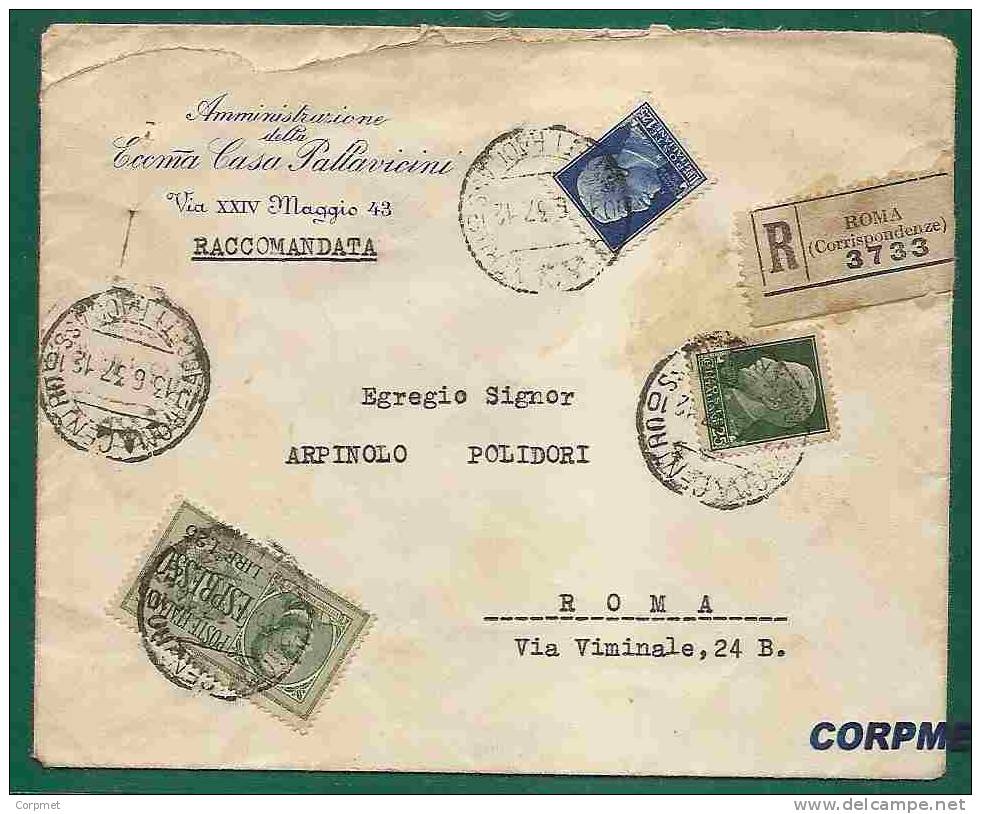 ITALY - VF 1937 REGISTERED ESPRESSO COVER  - Arrive Label At Back - Express Mail