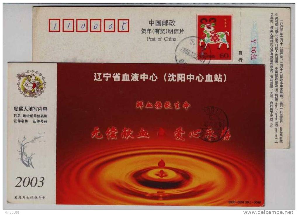 China 2003 Liaoning  Center Shenyang Blood Station Advertising Postal Stationery Card,blood Donation,saving Life - Other & Unclassified