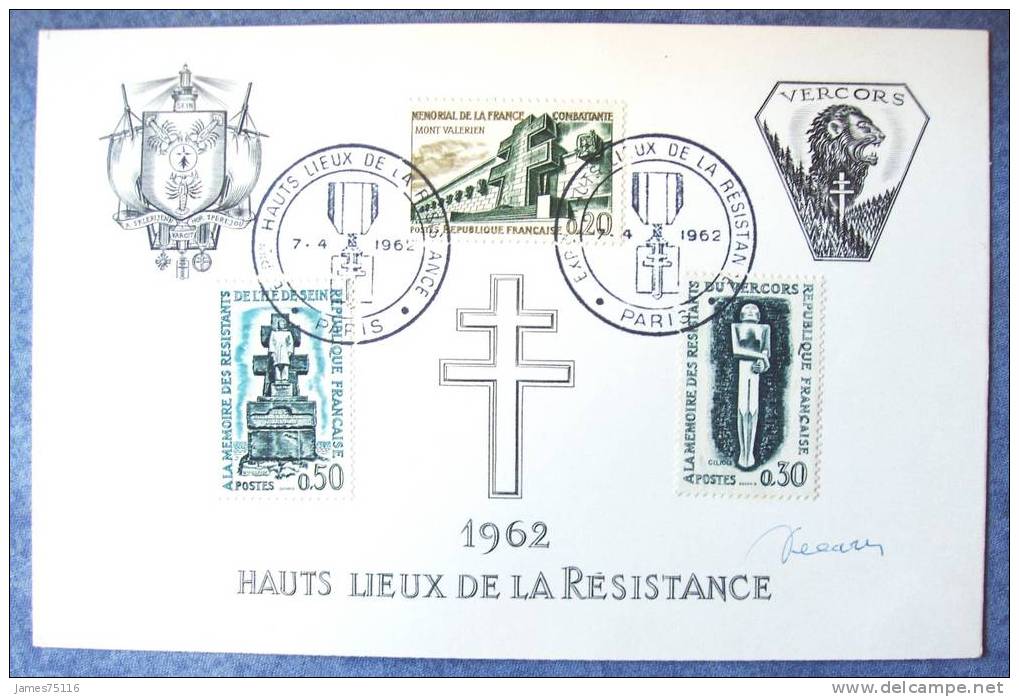 "Hauts Lieux De La Résistance" - Carte Premier Jour D´émission Signée DECARIS, Concepteur Des 3 Timbres - Covers & Documents