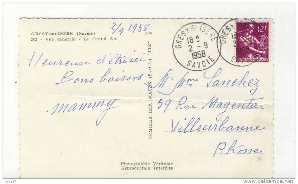 CPSM écrite, Timbrée Et Ayant Circulé En 1958- GRESY-sur-ISERE - Vue Générale - Le Grand Arc - Gresy Sur Isere