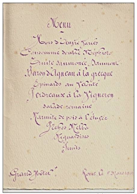 Menu GRAND HOTEL ROME 5 MARS 1906, Chasse à Courre, Automobile, Chevaux, Chiens - Menus