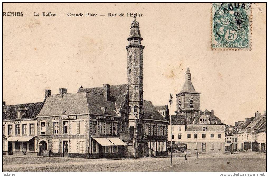 59) ORCHIES - 1905 - Le Beffroi - Grande Place - Rue De L'Eglise     Edit Maigret  Horloger - Orchies