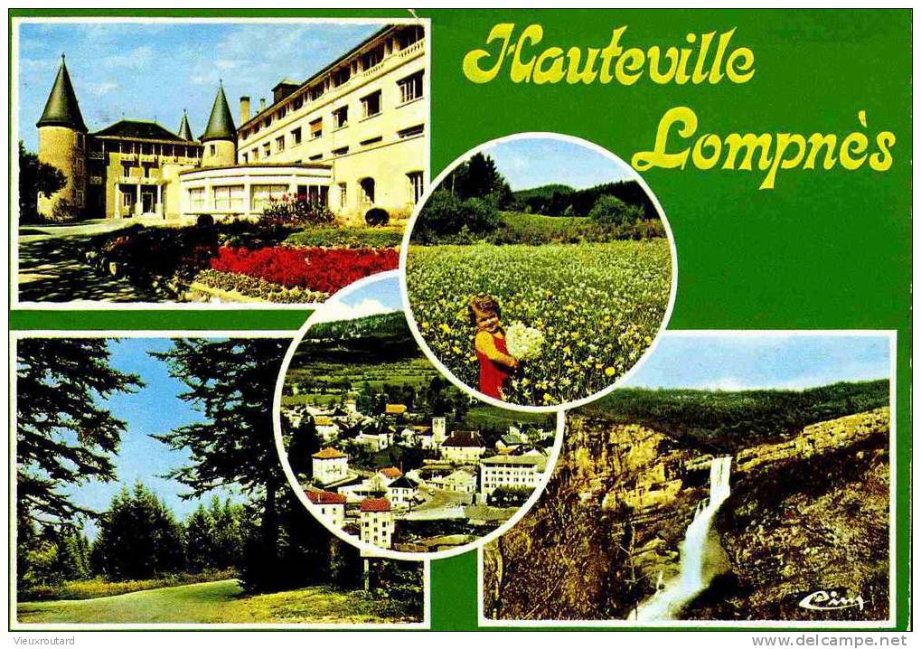 CPSM.  HAUTEVILLE LOMPNES. "ANGEVILLE" . COL DE LA ROCHETTE. VUE GENERALE AERIENNE . CHAMP DE NARCISSES - Hauteville-Lompnes