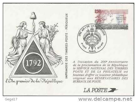 Carte 1er Jour 1992** Spéciale Bureaux De Poste Pour Bicentenaire République Le 26.09.1992 - Official Stationery