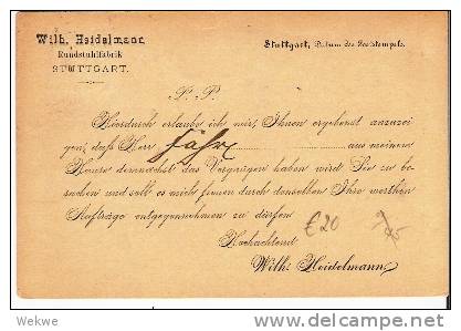 Wtb068/ WÜRTTEMBERG -  Vertreteranzeige Stuttgart 1889, Firmenzudruck Rückseitig - Brieven En Documenten