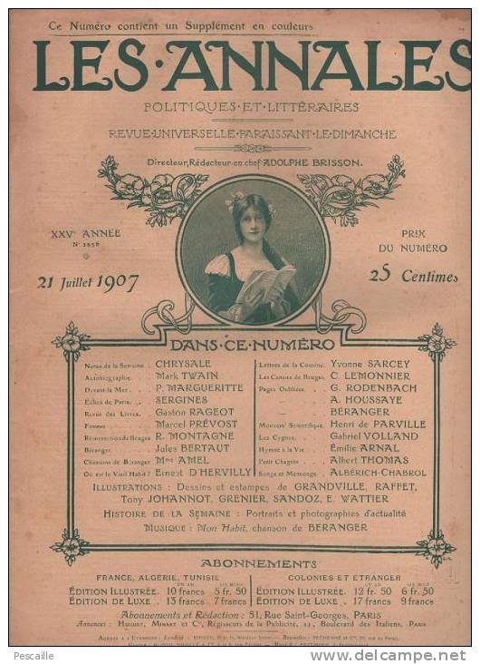 LES ANNALES 21 JUILLET 1907 - MARK TWAIN - POUBELLE - THEOBALD CHARTRAN - BRUGES - BERANGER - PUBLICITES - Testi Generali