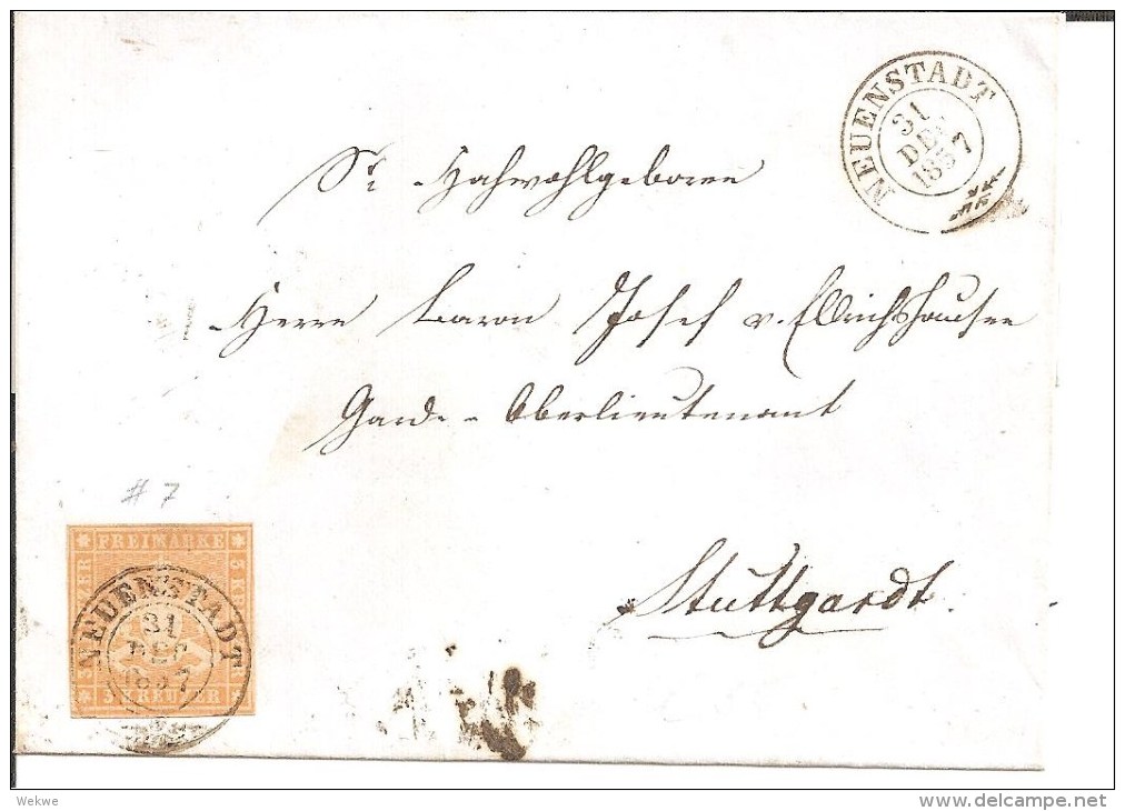 Wtb084/ WÜRTTEMBERG -  Neustadt 1857 Auf Mi. 7 , Ideale Stempelposotion - Brieven En Documenten