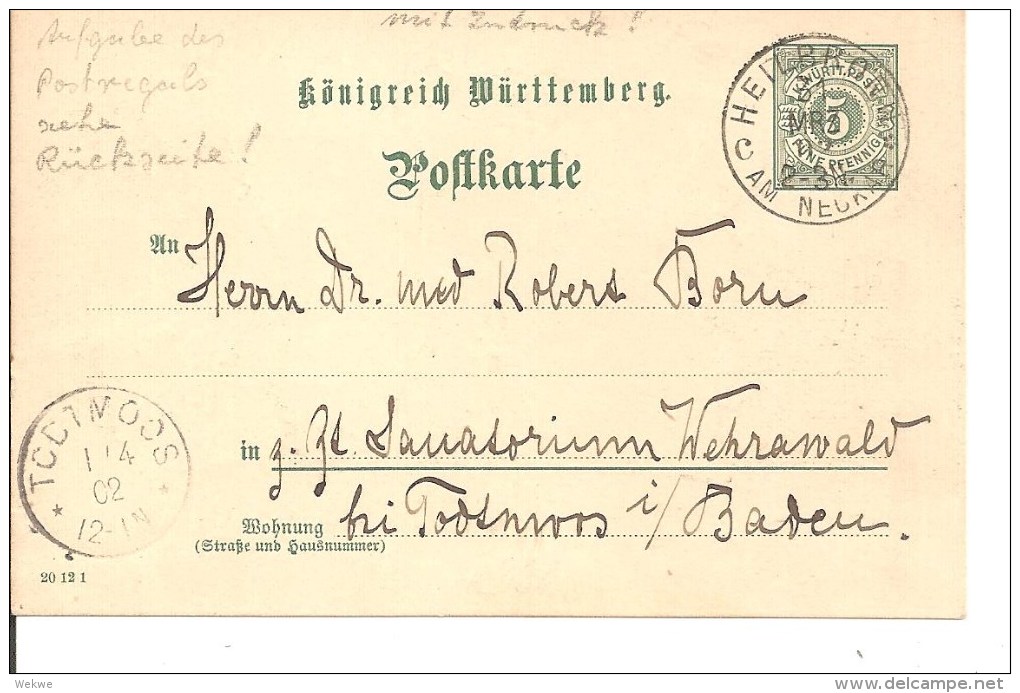 Wtb108/  WÜRTTEMBERG - Sonderzudruck, Übergabe Des Postregals An Die Reichspost 1902, Humorkarte M. Briefmarken - Postwaardestukken