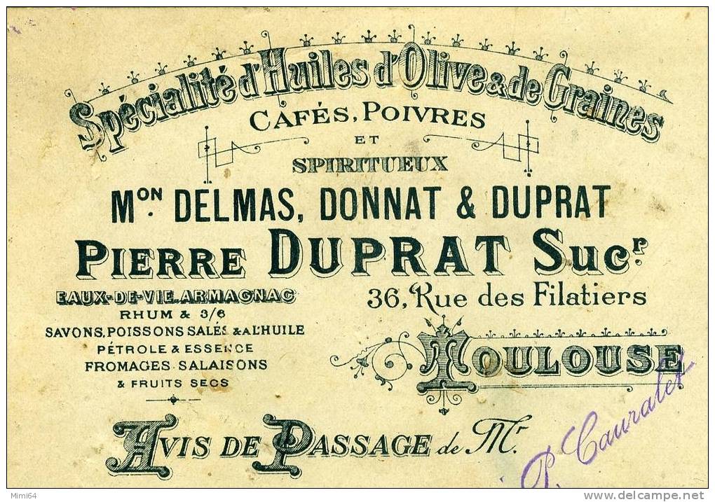 CARTE DE VISITE . TIMBRE TYPE BLANC 1 C GRIS. PUBLICITE . MAISON .SPECIALITE D´HUILES D´OLIVE ET DE GRAINES . SPIRITUEUX - Other & Unclassified