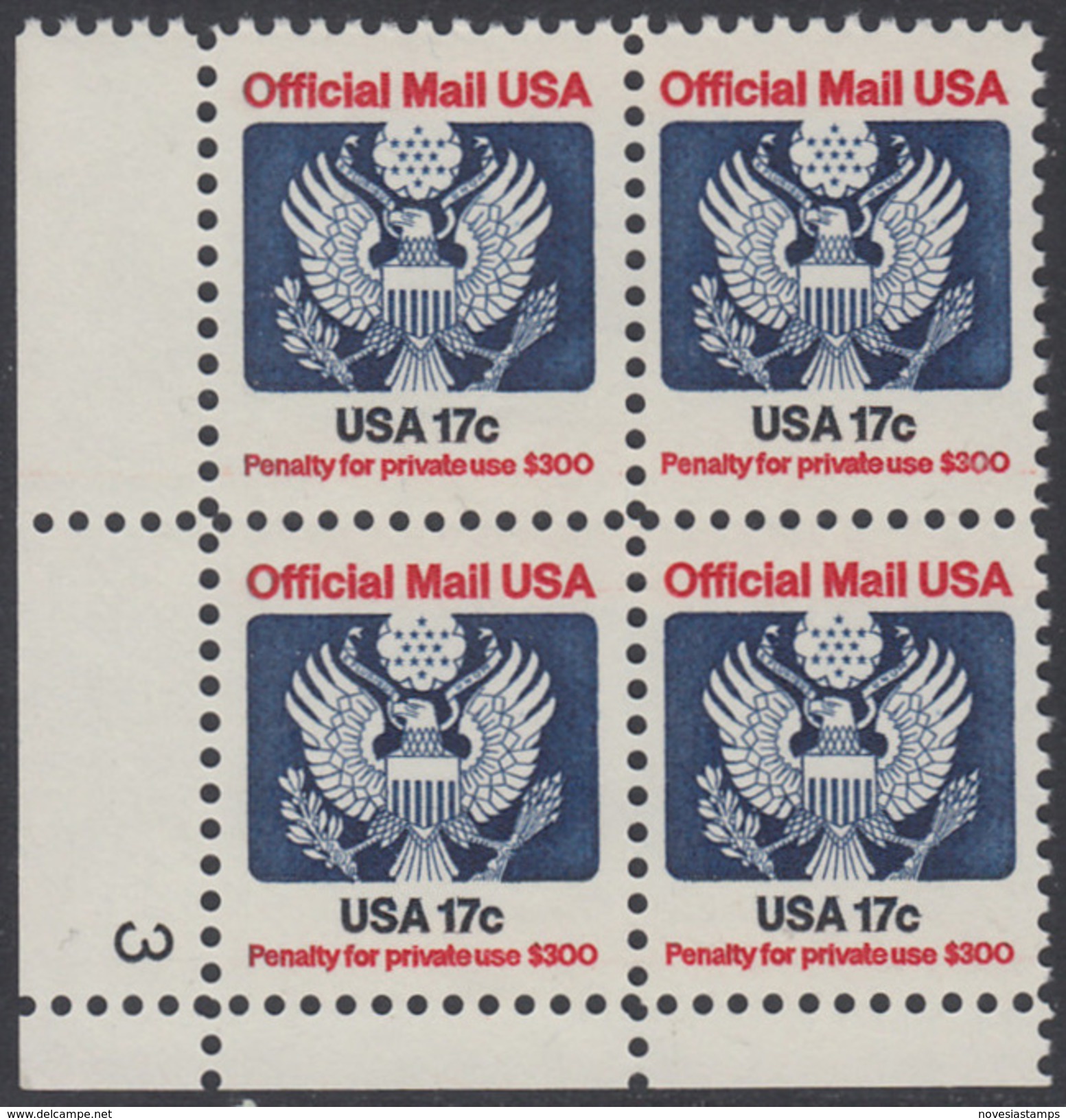 !a! USA Sc# O130 MNH PLATEBLOCK (LL/3) - Great Seal - Dienstmarken