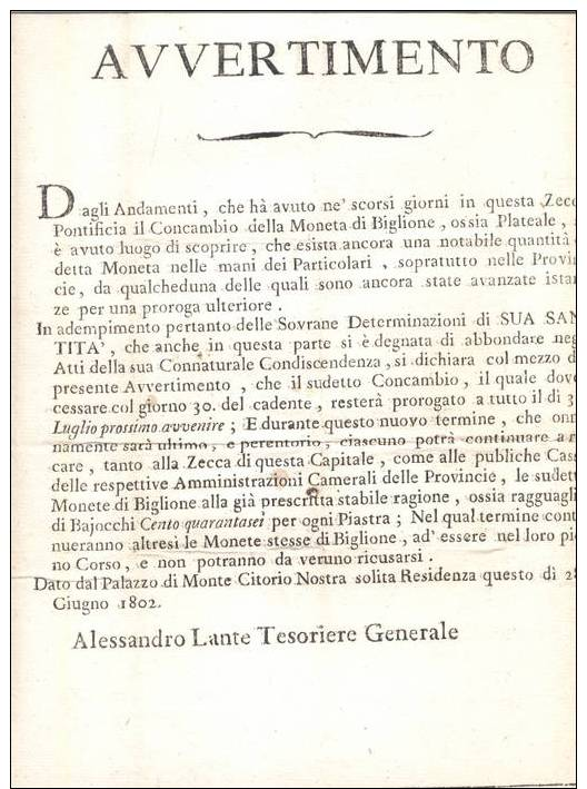 °°° AVVERTIMENTO -- 1802 STATO PONTIFICIO °°° - Documenti Storici