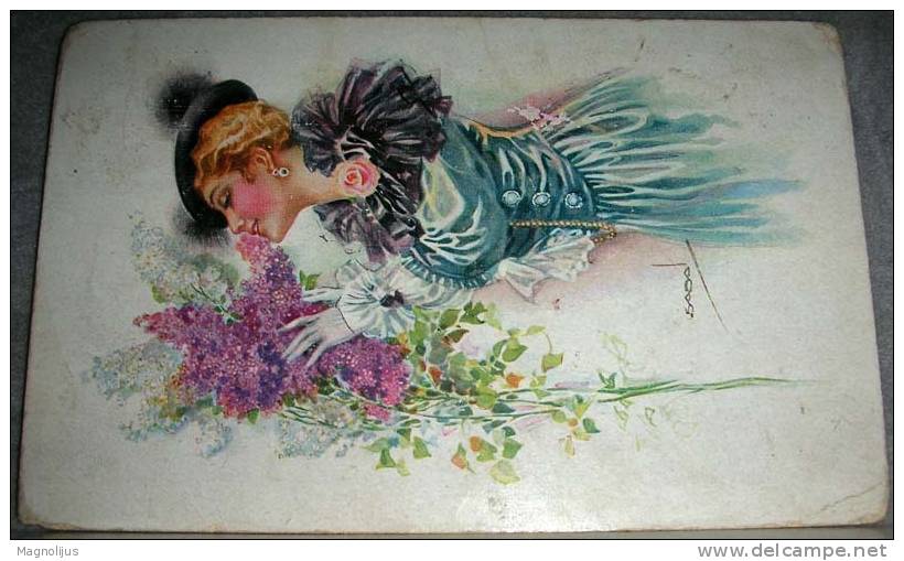 Illustrators,Usabal,Woman,Lady,Fashion,Flowers,vintage Postcard - Usabal