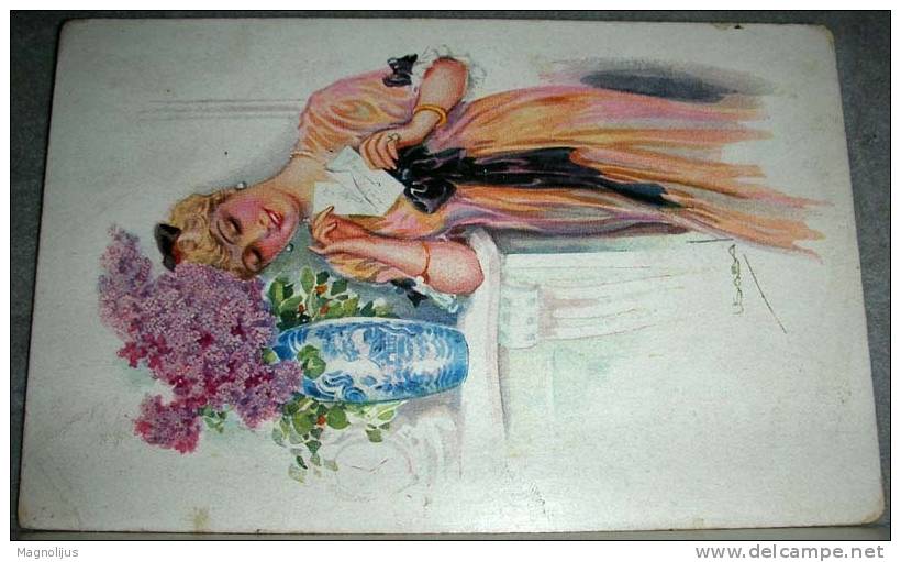 Illustrators,Usabal,Woman,Lady,Fashion,Flowers,Letter,vintage Postcard - Usabal