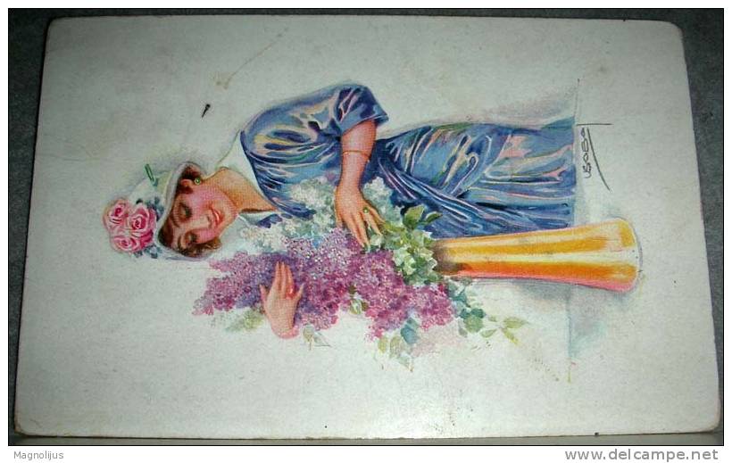 Illustrators,Usabal,Woman,Lady,Fashion,Flowers,vintage Postcard - Usabal