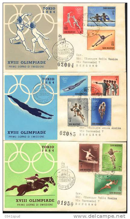 Jeux Olympiques 1964 Tokyo San Marino  FDC  Athlétisme Cyclisme Gymnastique, Aviron, Escrime, Basket, Tir - Summer 1964: Tokyo