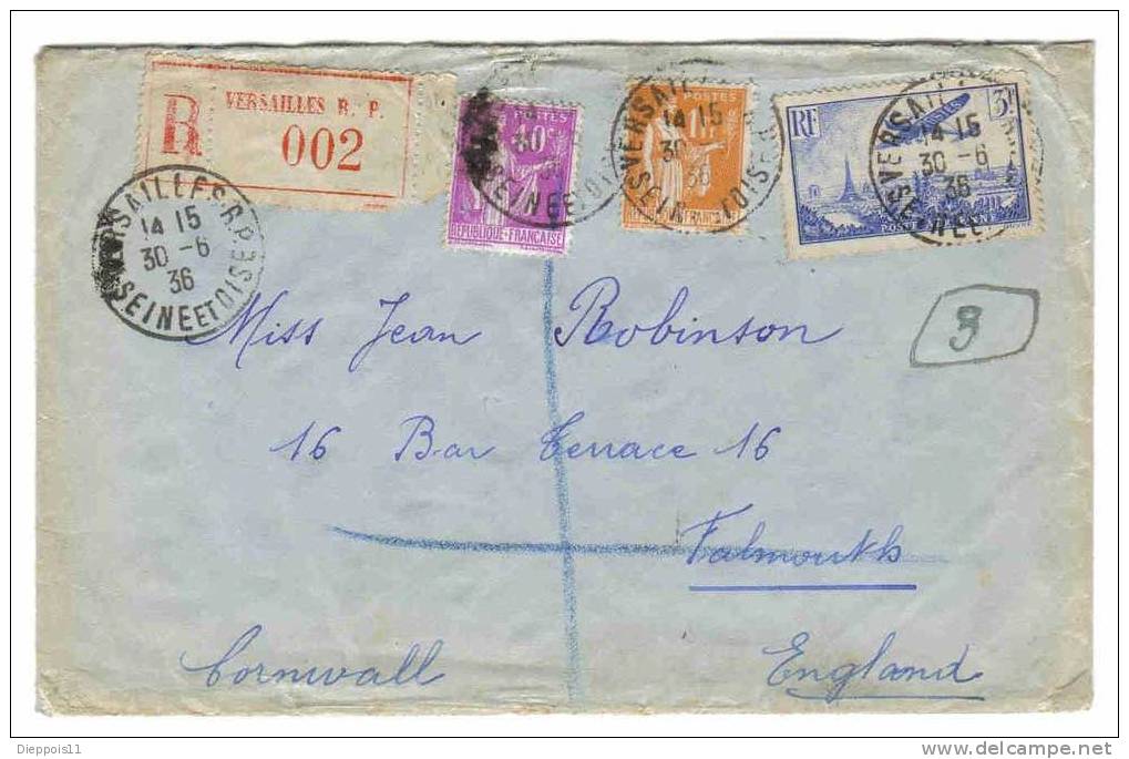 Lettre Recommandée En De 1936 De Versaiiles RP Vers L'angleterre Avec Poste Aérienne PA N°12 + N°281 + N°286 - Lettres & Documents