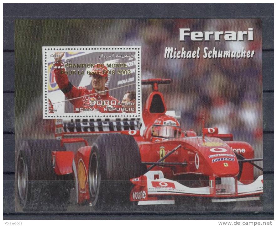 Somalia - Foglietto Nuovo Sovrastampato Oro Per La 6° Vittoria Ferrari In F1 - Schumacher - Cars