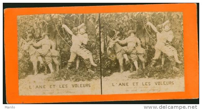 Photo Stéréoscopique S/carton-FABLES DE LA FONTAINE -L'ANE ET LES VOLEURS Arrive Un 3e Larron Qui Saisit Maître ALIBORON - Antiche (ante 1900)