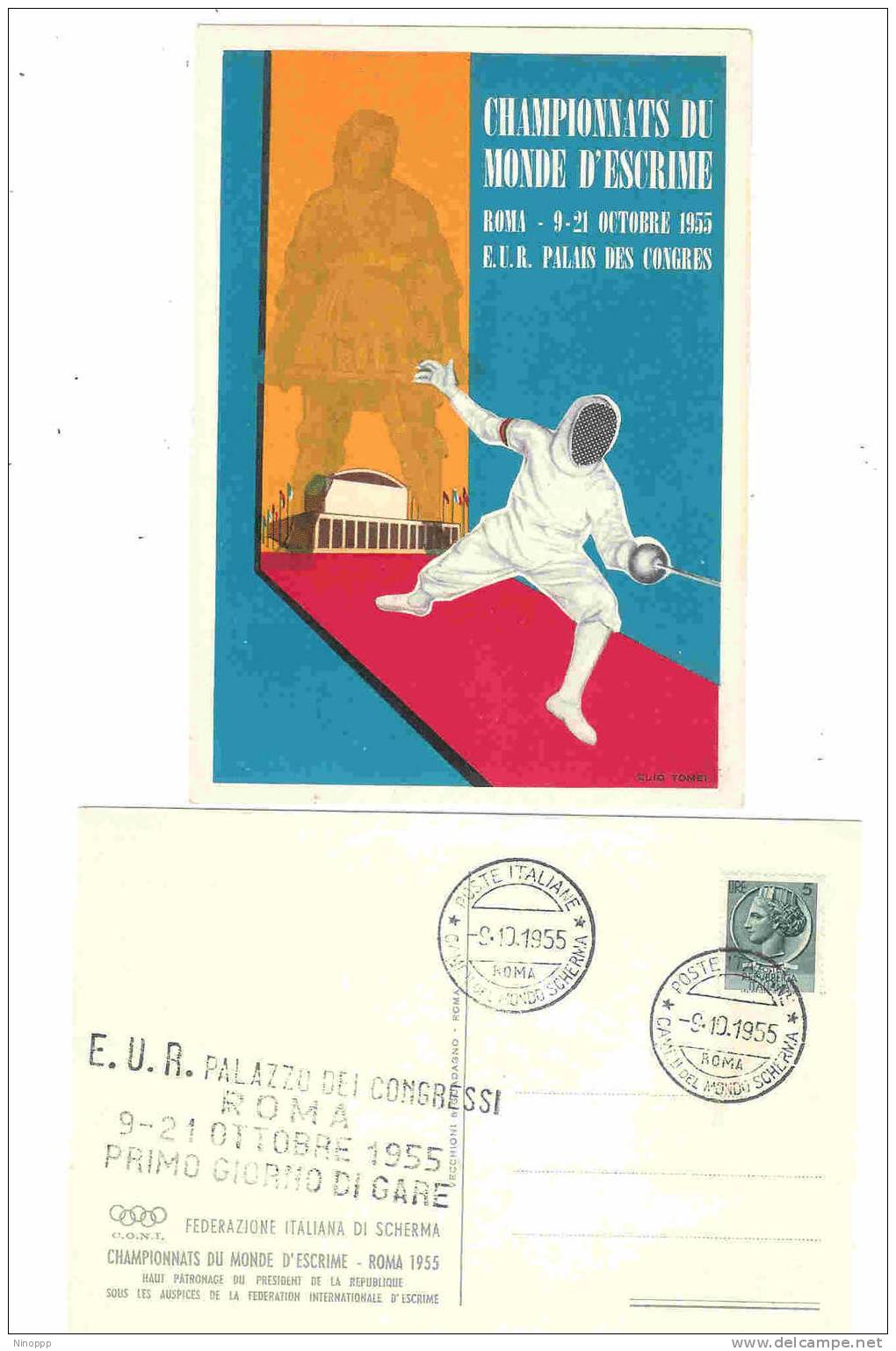 Italy-1955 Fencing Championship In Rome Souvenir Card - Schermen