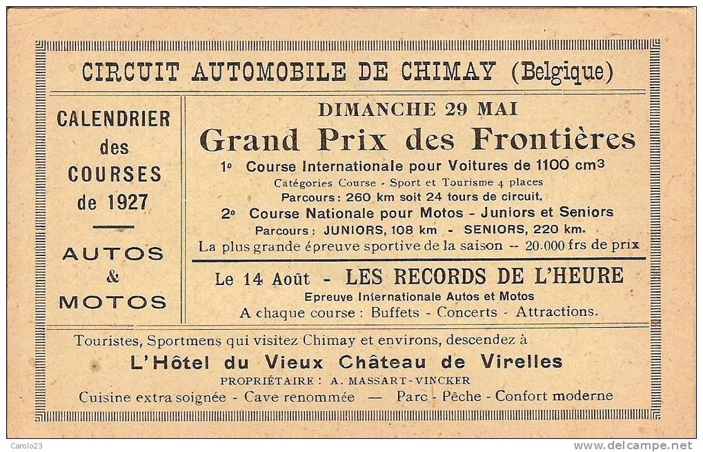 CHIMAY  :  CIRCUIT AUTOMOBLIE DE CHIMAY - CALENDRIER DES COURSES DE 1927 - Chimay