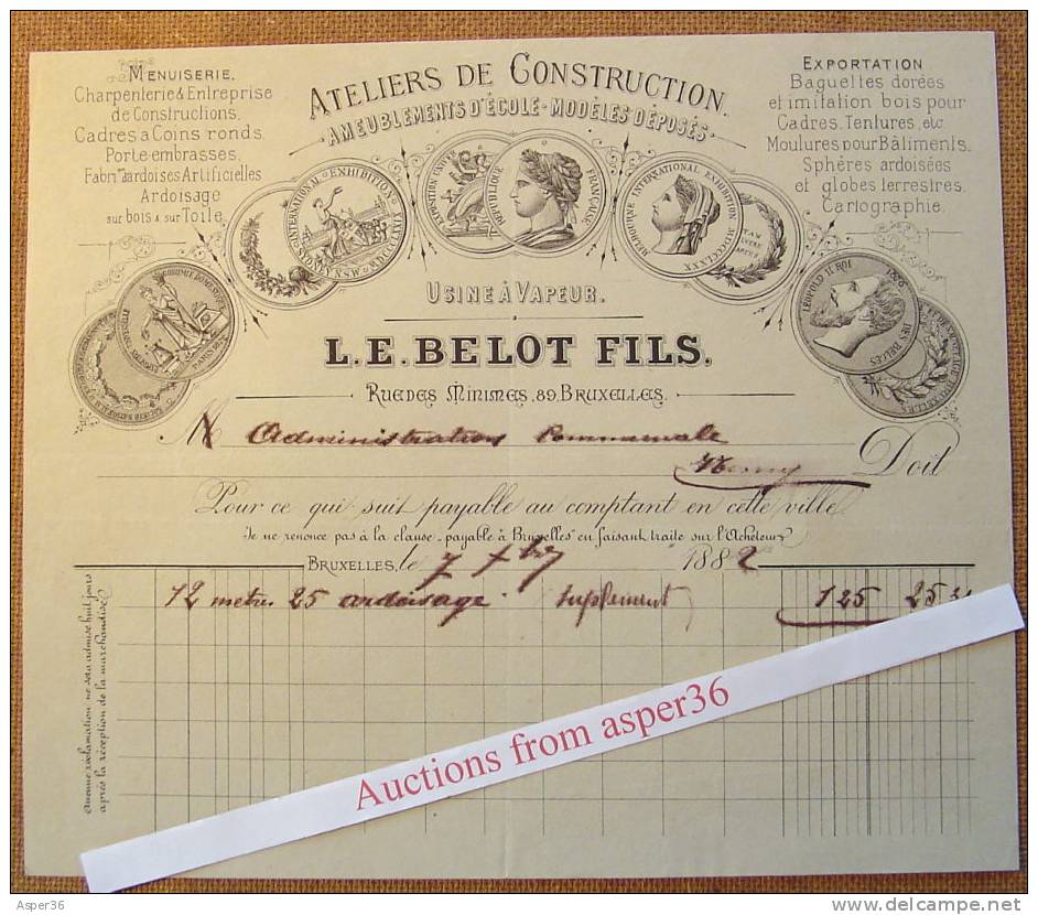 Facture "Ateliers De Construction, L.E.Belot Fils, Bruxelles 1882" - 1800 – 1899