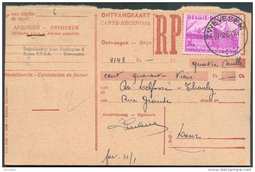 3 Fr. Industrie Obl. Sc ZWEVEGEM S/Carte-récépissé Du 27-2-1951 Vers Dour. - 2938 - 1948 Esportazione