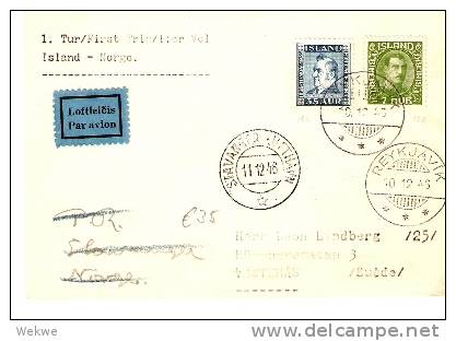 ISL047 / ISLAND -  Erstflug Nach Norwegen 10.12.46 M.Jochumsson, Dichter - Storia Postale