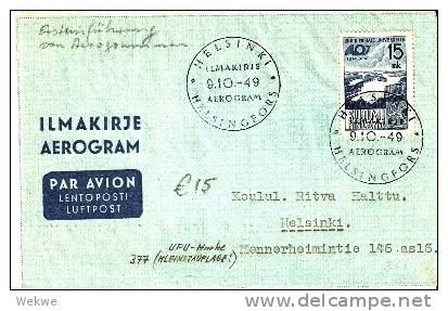 SF-M025 / FINNLAND -  Luftpostleichtbrief 9.10.49 Mit UPU (Aerogram) - Covers & Documents