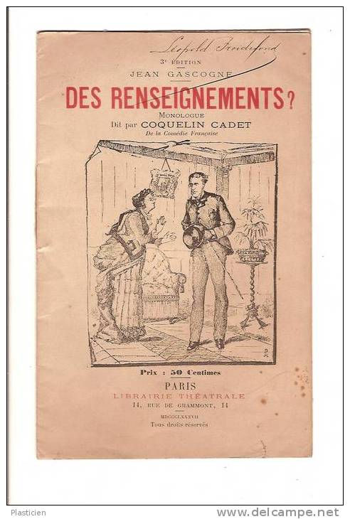 JEAN GASCOGNE, DES RENSEIGNEMENTS ?, Monologue Dit Par Coquelin Cadet, Paris, Librairie Théatrale - Auteurs Français