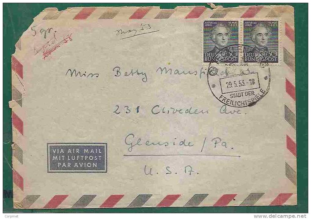 GERMANY - Vf 1953 COVER FREILICHTSPIELE To USA -horizontal Pair (1 Stamp With Cut Corner) Yvert # 52 - JUSTUS Von LIEBIG - Covers & Documents