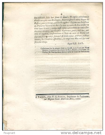 FRANCE:8 Mai 1772:Déclaration Du Roi: Qui Supprime La Comptabilité Des Receveurs Des Tailles & Receveurs Particuliers Da - Décrets & Lois