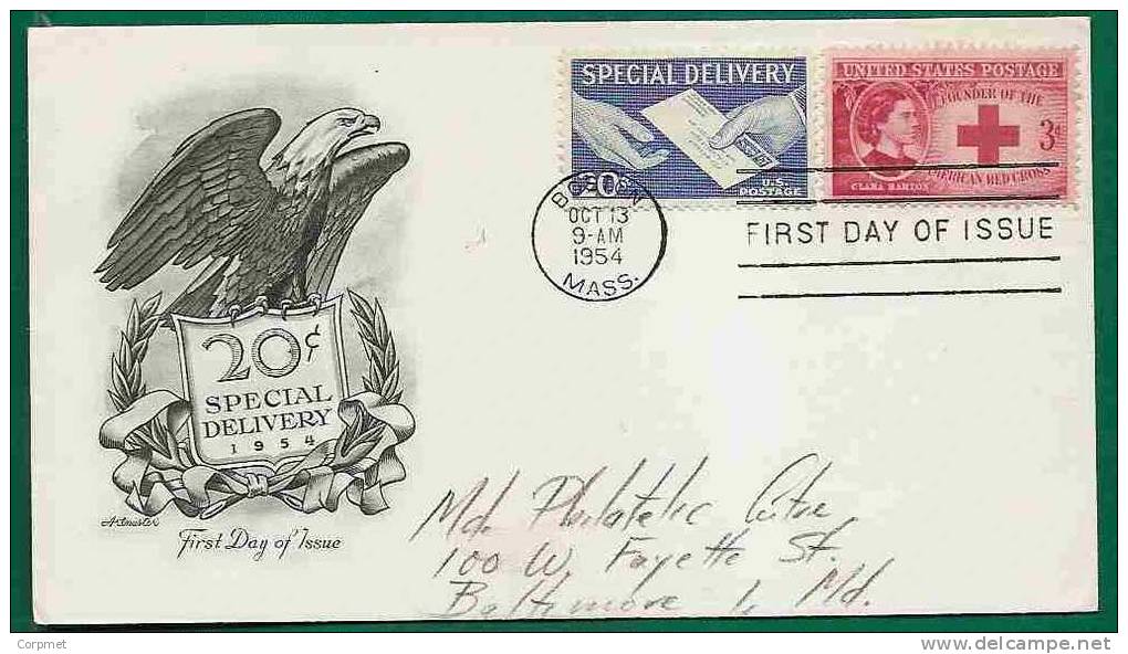 USA - 20c SPECIAL DELIVERY On FIRST DAY 1954 CACHETED With AMERICAN EAGLE COVER - Scott # E20 - Expres & Aangetekend