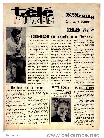 PROGRAMME TV Ancien 2/10/1966 Au 8/10/1966  Article Sur Bernard VERLEY. - Télévision