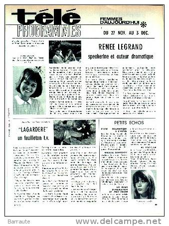 PROGRAMME TV Ancien 27/11/1966 Au 3/12/1966 .Article Sur Renee LEGRAND. - Televisie
