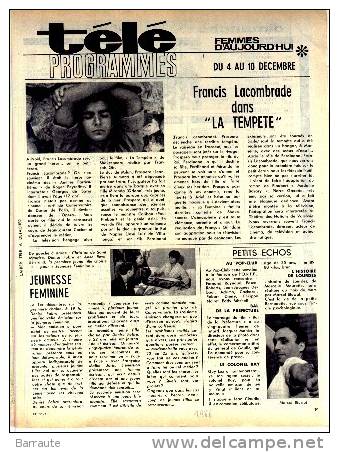 PROGRAMME TV Ancien 4/12/1966 Au 10/12/1966 .Article Sur Francis LACOMBRADE - Televisie