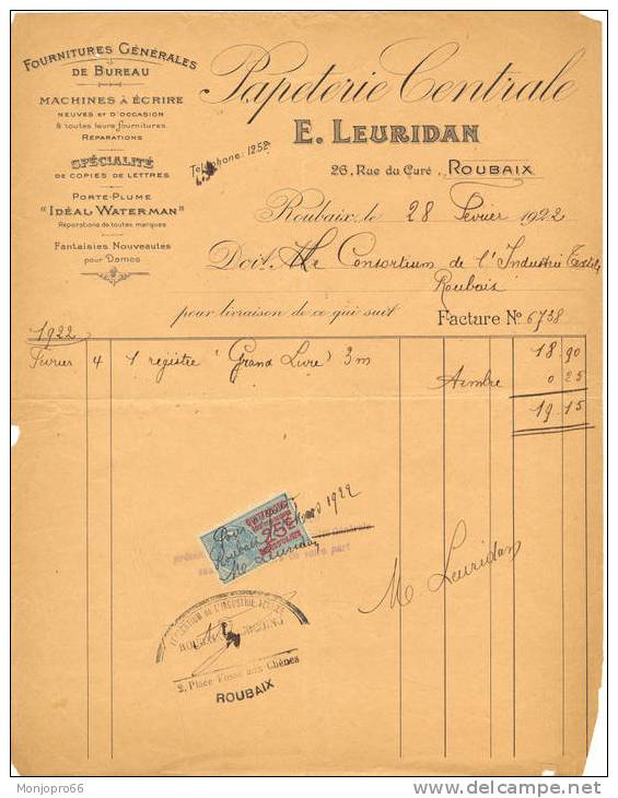 Facture De La Papeterie Centrale E. LERIDAN De Roubaix Et De 1922 - Imprimerie & Papeterie