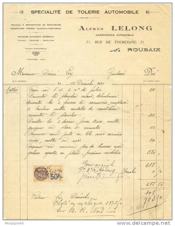 Facture De La Société De Tolerie Automobile ALFRED LELONG De Roubaix Et De 1930 - Automobile