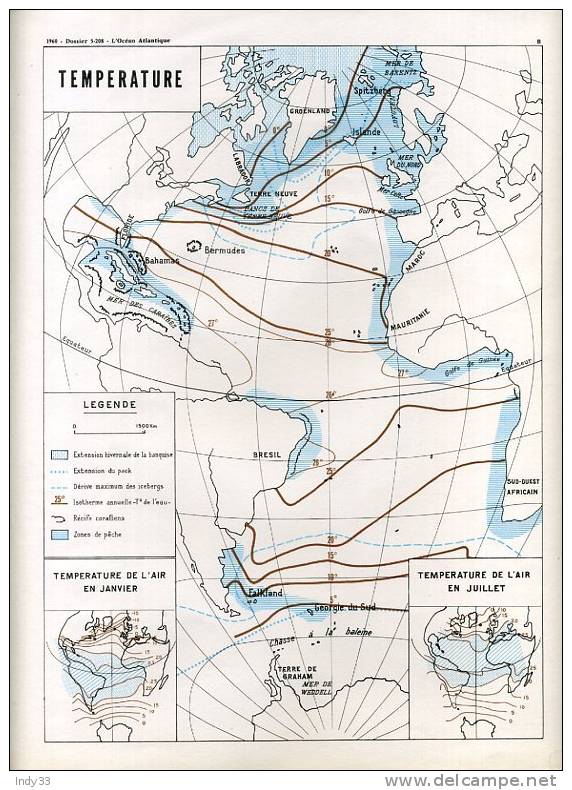DOCUMENTATION PHOTOGRAPHIQUE 1960 . CARTES DES FONDS MARINS ,DES COURANTS ET DE LA TEMPERATURE DE L´OCEAN ATLANTIQUE - Nautical Charts