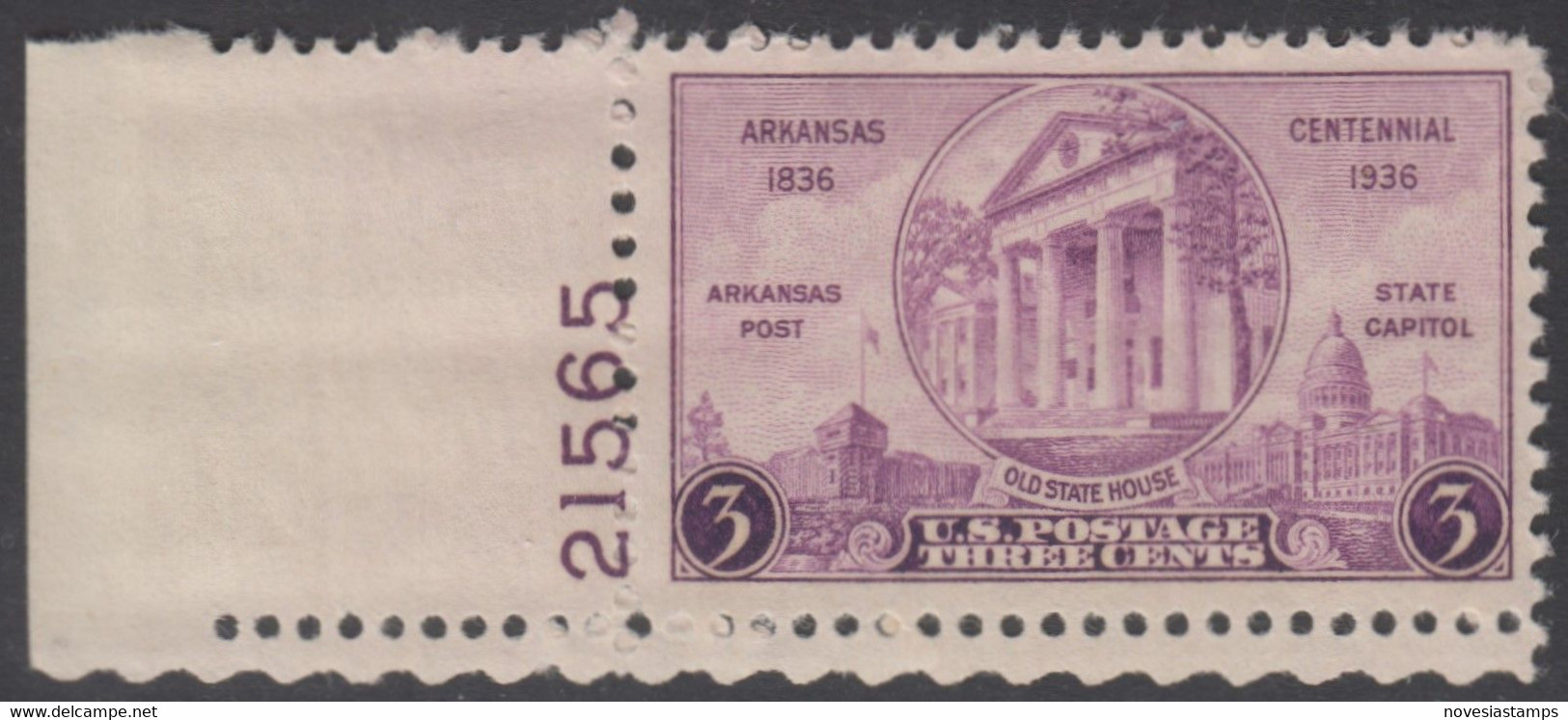 !a! USA Sc# 0782 MNH SINGLE From Lower Left Corner W/ Plate-# 21565 - Arkansas - Unused Stamps