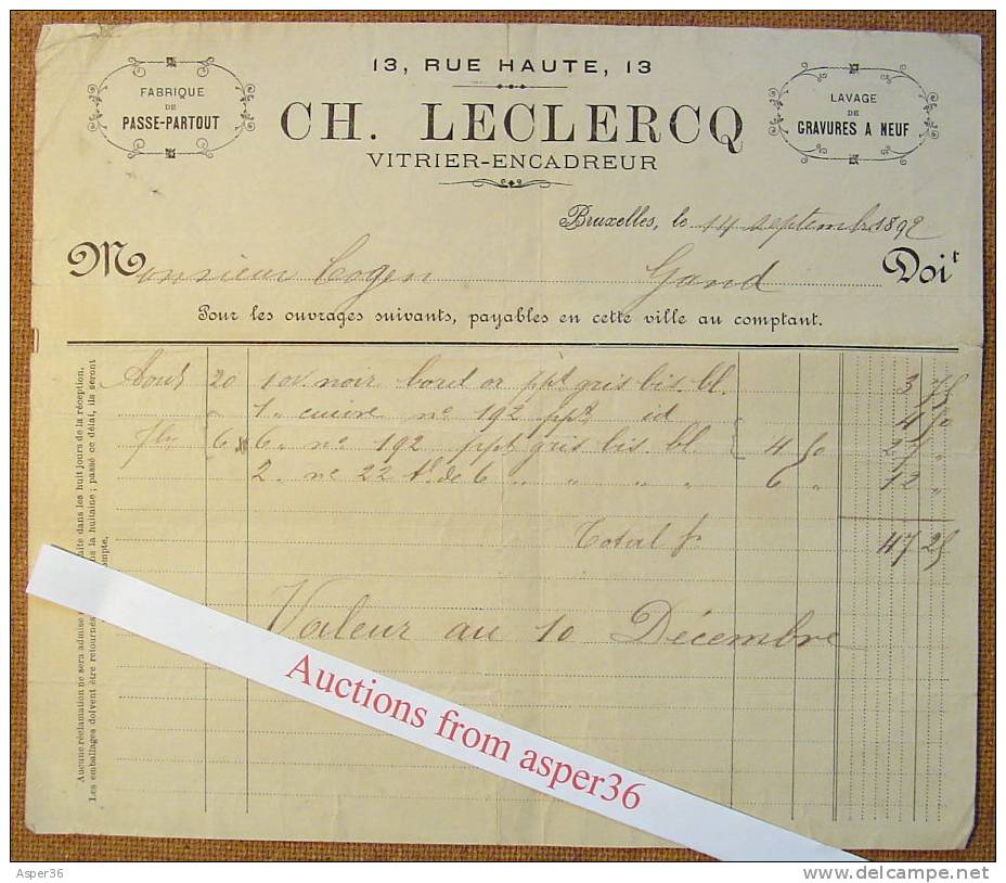 1892 Facture & Reçu "Ch.Leclercq, Vitrier-Encadreur, Bruxelles" - 1800 – 1899