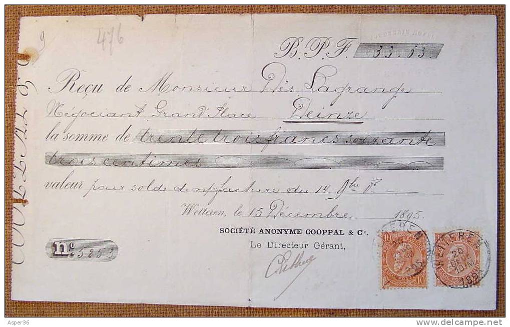 Reçu Avec Timbre Poste 1895 - 1800 – 1899