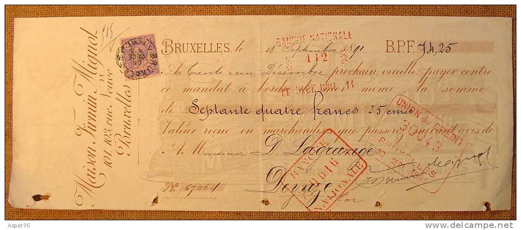 Reçu Avec Timbre Poste "Firmin Mignol, Bruxelles 1891" - 1800 – 1899