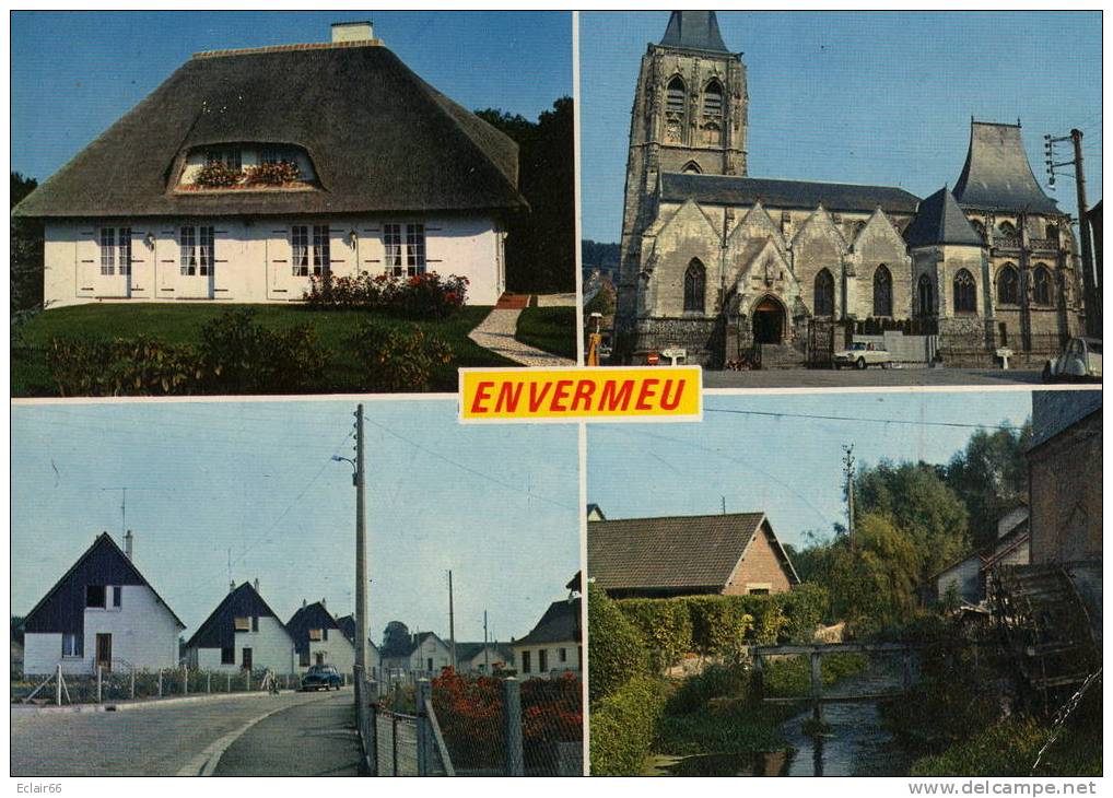 76 ENVERMEU CP    Multivues  4 Photos    Une Chaumiére,l'église ,cité Nouvelle Bord De La Riviére - Envermeu