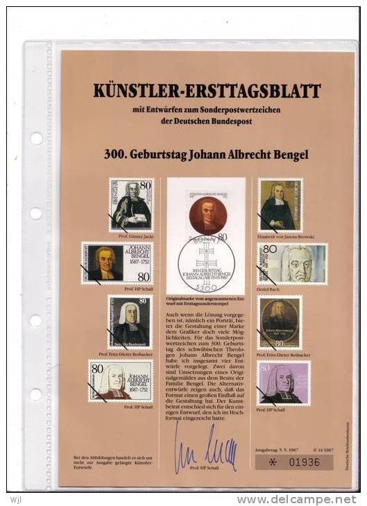 KUNSTLER - ERSTTAGSBLALTT - FDC DOC  - Prof. HP Schall - 05.05.1987 - YT N° 1156 - Théologien Johann Albrecht Bengel - D - Otros & Sin Clasificación