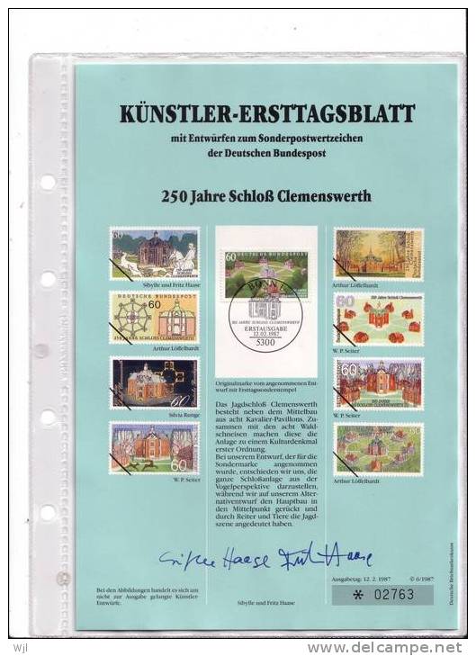 KUNSTLER - ERSTTAGSBLALTT - FDC DOC  - Sibylle Und Fritz Haase - 12.02.1987 - YT N° 1144 - Château De Clemenswerth - DIV - Autres & Non Classés