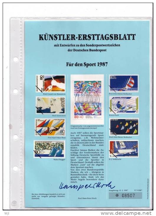 KUNSTLER - ERSTTAGSBLALTT - FDC DOC  - Prof. Hans-Peter Hoch - 12.02.1987 - YT N° 1142 Et 1143 - Sports, Voile, Ski Nord - Andere & Zonder Classificatie