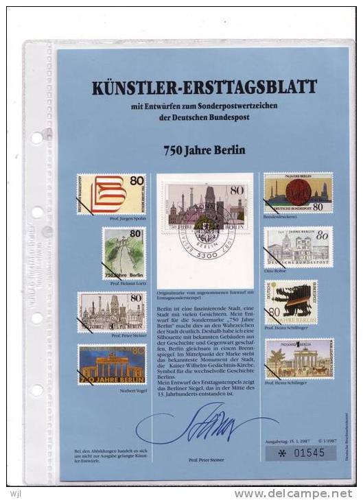 KUNSTLER - ERSTTAGSBLALTT - FDC DOC  - Prof. Peter Steiner - 15.01.1987 - YT N° 1138 - 750eme Anniversaire De Berlin - D - Sonstige & Ohne Zuordnung