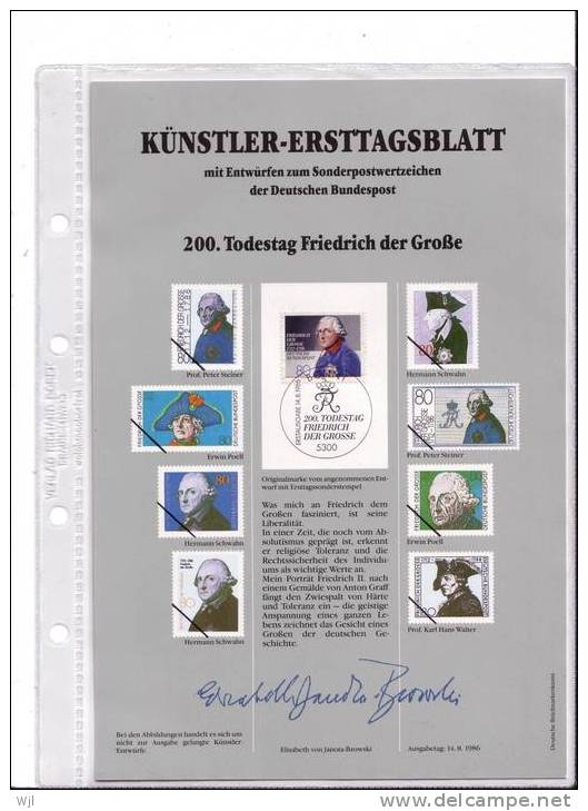 KUNSTLER - ERSTTAGSBLALTT - FDC DOC  - Elisabeth Von Janota-Bzowski - 15.01.1987 - YT N° 1124 - Frédéric Le Grand, Roi D - Otros & Sin Clasificación